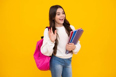 Kitap ve defter ile liseli kız çocuğu. Tecrit edilmiş genç bir öğrenci. Öğrenme ve bilgi. Git çalış. Eğitim konsepti. Mutlu yüz, pozitif ve gülümseyen duygular.