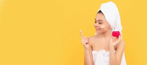 Happy Teen Child Shower Towel Applying Facial Cream Cosmetics Skin — Stock Photo, Image