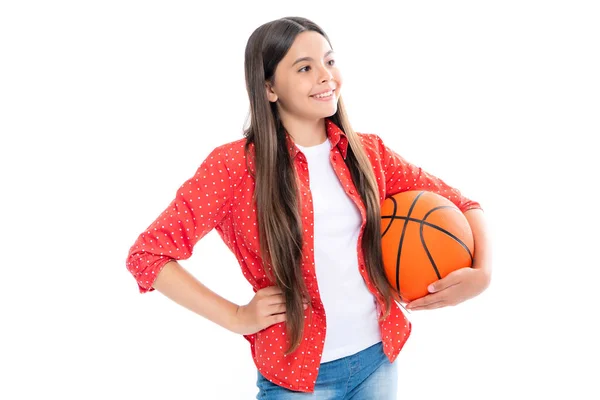 Chica Adolescente Con Pelota Baloncesto Aislado Sobre Fondo Blanco Retrato — Foto de Stock