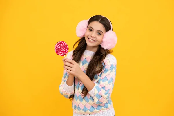 Funny Child Lollipop Yellow Isolated Background Sweet Childhood Life Teen — Fotografia de Stock