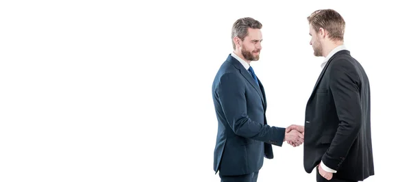 男の顔の肖像画 コピースペースのバナー 握手をする2人の男 会議中のビジネスマンだ 上司と従業員 取引後のパートナー — ストック写真