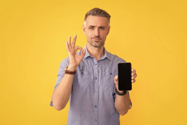 Reklam sunumu. kopyalama alanı. Adam telefon ekranını sunuyor. Sarı arka planda akıllı telefon gösteren başarılı bir adam. Tamam jest. ürün önerisi.