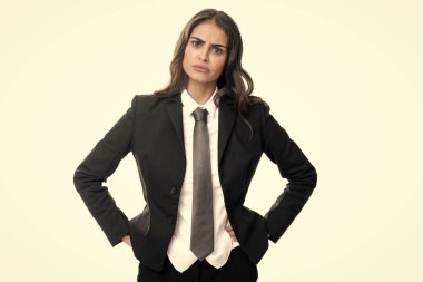 Portrait of business woman in suit crossed arms. Confidence businesswoman against grey background with copy space. Proud student girl. Beautiful businesswoman