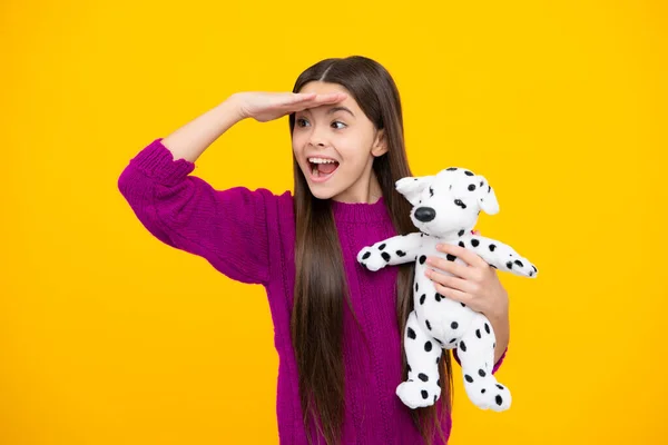 Podekscytowana Twarz Nastoletnie Dziecko Dziewczyna Luźnym Ubraniu Gospodarstwa Pluszowe Zabawki — Zdjęcie stockowe