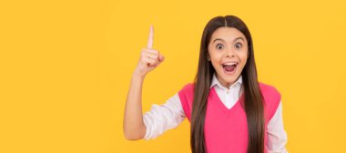 Aman Tanrım. Harika bir fikir. Çocuğun uzun saçları var. Gençlik ve gençlik. Sıradan moda. İlham. Çocuk yüzü, yatay poster, izole edilmiş genç kız portresi, fotokopi alanı olan pankart