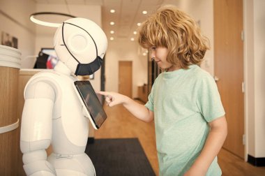 kid interact with cyborg artificial intelligence, communication.
