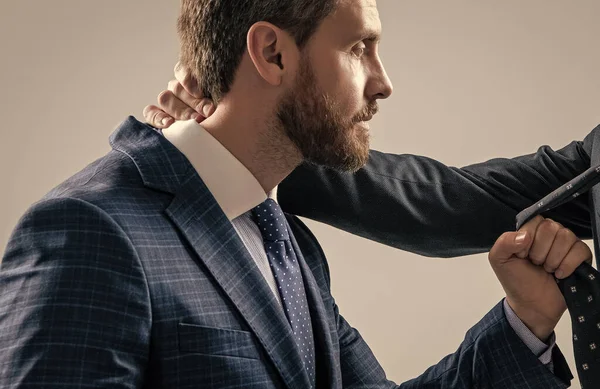 Professional Man Broker Pull Male Necktie Physical Fighting Grey Background — ストック写真