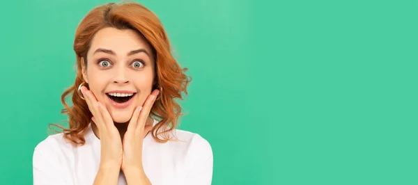 Woman Isolated Face Portrait Banner Copy Space Surprised Redhead Girl — Stock Photo, Image
