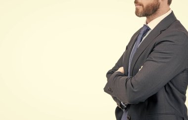 Herkes takım elbise içinde iyi görünüyor. Kendine güvenen yönetici resmi takım elbise giyer. Uygun adam manzarayı kırptı. Resmi kıyafet. İş elbisesi kuralı. Erkek biçimi, boşluğu kopyala.