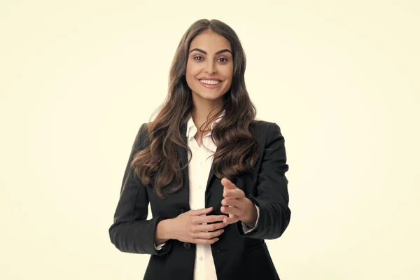 Business Woman Suit Smiling Friendly Offering Handshake Greeting Welcoming Successful — Stock Photo, Image