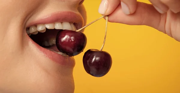 Womans Enjoying Fresh Sweet Cherry Female Mouth Eating Sweet Cherry Stock Image
