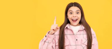 Fikirden esinlendim Çocuk günlük tarzında. Ergen çocuk ekose gömlek giyiyor. Kareli flanel ceket. Çocuk yüzü, yatay poster, izole edilmiş genç kız portresi, fotokopi alanı olan pankart