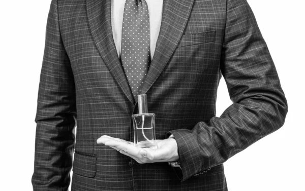 Businessman Περικοπή Άποψη Κρατήσει Μπουκάλι Άρωμα Ανοικτό Χέρι Απομονώνονται Λευκό — Φωτογραφία Αρχείου