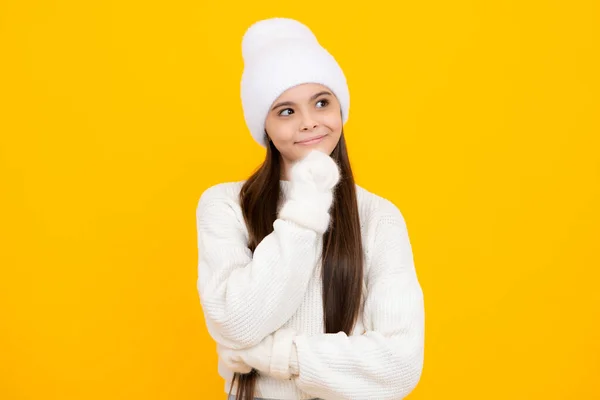 Beautiful Teenager Child Isolated Yellow Background Hand Chin Thinking Question — Φωτογραφία Αρχείου