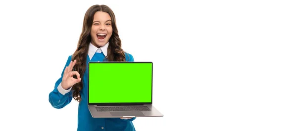 Winking Child Long Curly Hair Showing Presentation Laptop Screen Isolated — Zdjęcie stockowe