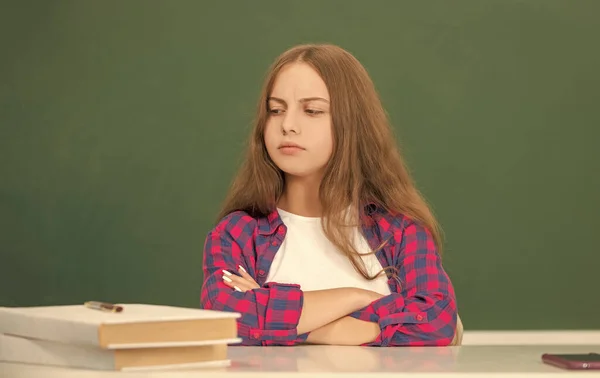 Sad Child Sit School Blackboard Background September — Photo