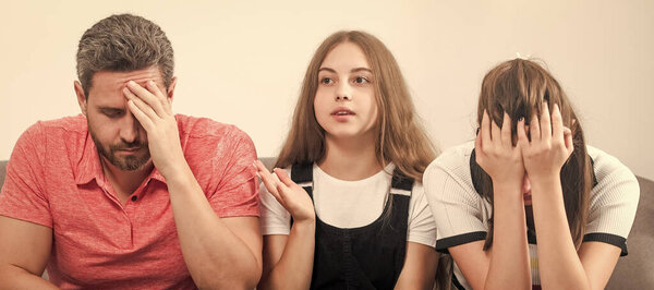 Parents and family or child problems. psychologist give family therapy for dad mom and daughter girl, psychology.