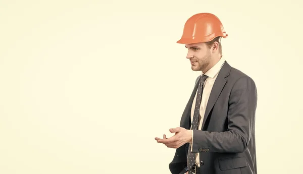 Professional Civil Engineer Hardhat Suit Gesticulating Isolated White Copy Space — Stock Photo, Image