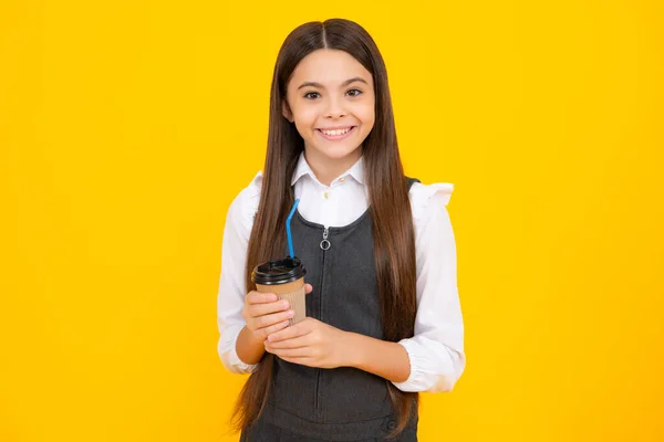 Teenage Girl Take Away Cup Cappuccino Coffee Tea Child Takeaway — Zdjęcie stockowe