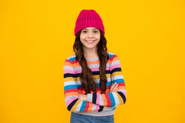 Beautiful Teen Girl Winter Hat Warm Sweater Child Yellow Isolated — Foto Stock
