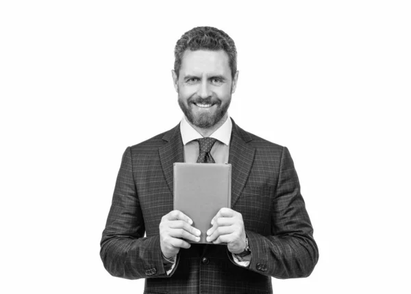 Happy Businessman Man Businesslike Suit Holding Planner Isolated White Planning — Stock Photo, Image