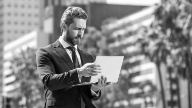 e-postayı kontrol et Serbest çalışan adam blogu çevrimiçi. Blog yazmak için dizüstü bilgisayar kullanan konsantre bir iş adamı. Sosyal ağ ve web günlüğü. İş bilgisayarı iletişimi. Modern teknoloji. İnternet erişimi.