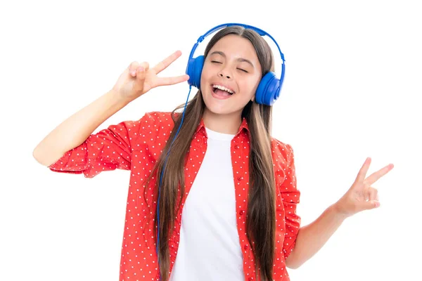 Funny Kid Girl Years Old Listen Music Headphones Teenage Girl — ストック写真