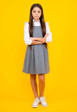 Okul üniforması. Uzun boylu, neşeli, neşeli bir genç kız. Keyfi yerinde ve sarı arka planda izole edilmiş günlük kıyafetlerle poz veriyor.