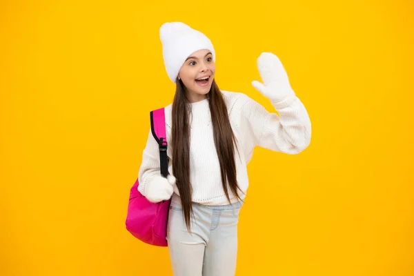 Winter School Teenager School Girl Backpack Autumn Clothes Yellow Isolated — Stockfoto