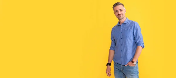 Smiling Mature Man Wrist Watch Yellow Background Fashion Man Face — Stock Photo, Image