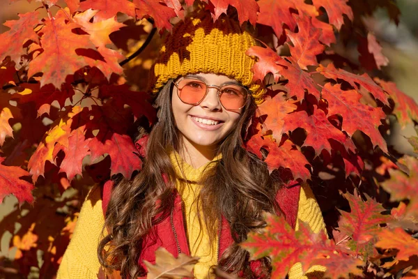 Sonbahar arka planında bir kız çocuğu, sonbahar çocuklarının yüzü. Sonbahar yapraklarında güneş gözlüklü gülen genç çocuk doğal arka planda..
