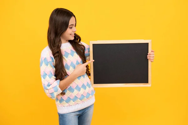 Little Girl Teen Blackboards Teenager School Girl Hold Blackboard Copy — Fotografia de Stock