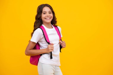 Sırt çantalı liseli kız. Tecrit edilmiş genç bir öğrenci. Çocuklar öğrenim, eğitim, öğrenim ve bilgi