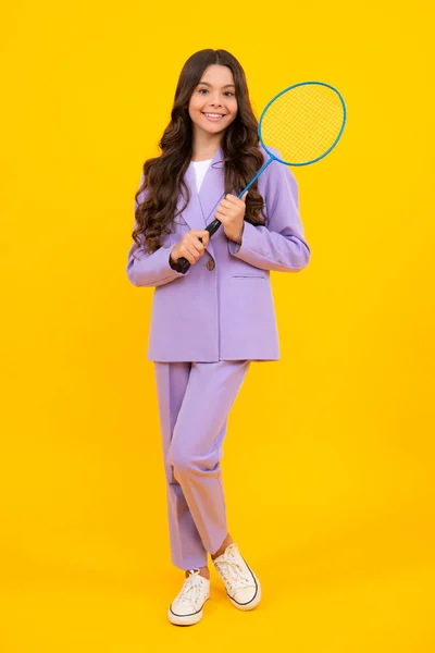Teen Girl Badminton Player Suit Badminton Racket Isolated Yellow Background — 图库照片