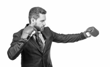 Başarılı güçlü CEO boksörü. Acımasız mücadele ve başarı. Kendine güvenen adam şirket savaşına hazır. İşletme nakavtı. Patron güç ve otorite göster. Boks eldivenli iş adamı. Yumruk.