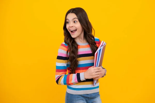 Amazed Teenager Teen Girl Pupil Hold Books Notebooks Isolated Yellow — Stock Photo, Image