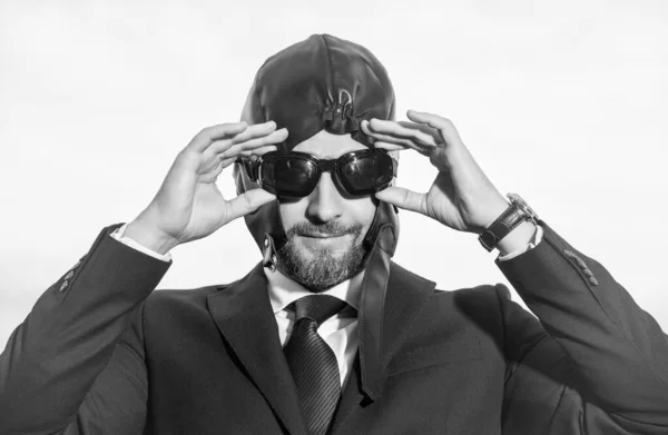 Positive Businessman Suit Pilot Hat Get Ready — Foto Stock