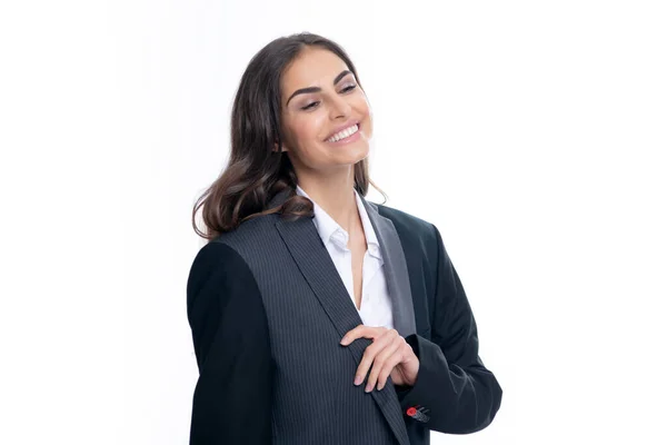 Elegancka Młoda Bizneswoman Białym Tle Studio Portret Pięknej Bizneswoman Szczęśliwy — Zdjęcie stockowe