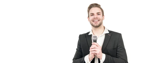 Works Anchorman Happy Anchorman Isolated White Business Man Speak Microphone — Stock Photo, Image