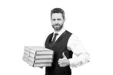 Olgun patron, parmak gösteren klasörler yığınını tut, çalış.