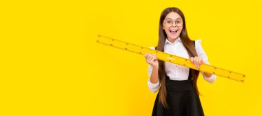 Mutlu matematik. Genç kız cetvel tutuyor. Okula dönüyorum. Cebir ve geometri. Öğrenci pankartı. Kopya alanı olan öğrenci portresi