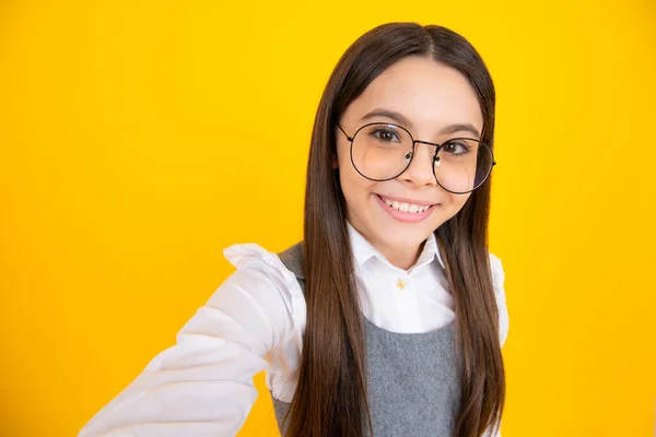 Trendy Beautiful Teenage Model Making Selfie Posing Yellow Studio Background — Fotografia de Stock