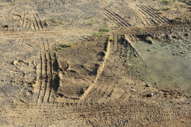 Tarladaki toprakta bir traktörün tekerlek izleri.