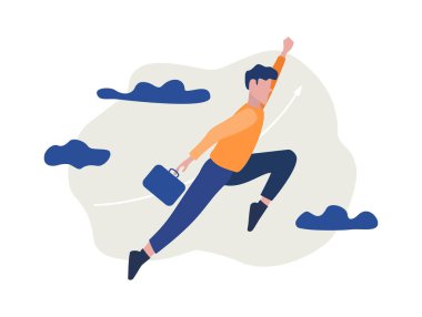 Gökyüzünde portföyü olan başarılı bir iş adamı. Başlangıç, hırs, arzu. Vektör iş illüstrasyonu