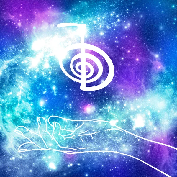 Reiki symbol. A sacred sign CHO KU REI. A hand holds Reiki CHO KU REI sign on a cosmic background. Alternative medicine. — Stock Photo, Image