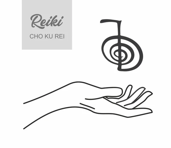 灵气的象征一个神圣的标志Cho Rei 灵气的象征一只手拿着Reiki Cho Rei的签名在宇宙背景上 替代药物 等高线说明 — 图库矢量图片#