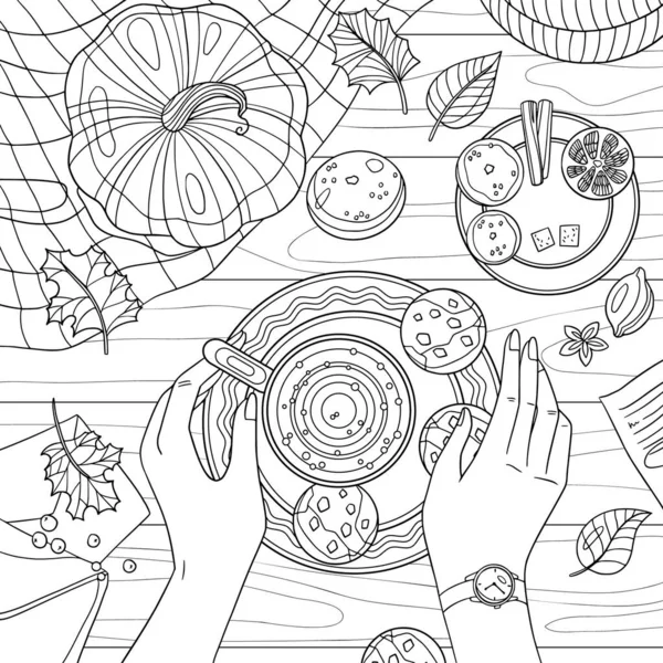 カボチャ クッキー 葉と秋のフラットレイ 装飾と大人のトップビューテーブルのためのぬりえブックページ ベクトルの輪郭と角度の要素 — ストックベクタ