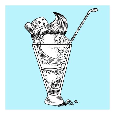 Dondurmalı horoz kuyruğu. Dondurma, reçel, tarçın ve uzun bardakta çikolatalı tatlı. Yazdırma, pişirme kitabı, kafe menüsü, dekorasyon, ambalaj, kafesler için el çizimi vektör çizimi.