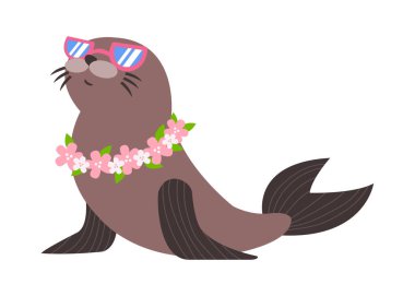 Çizgi film yaz illüstrasyonu. Hawaii çiçekleri ve güneş gözlüklü komik kürk foku. İzole edilmiş vektör illüstrasyonu. Baskı, dekor, poster, ağ, çıkartmalar, hatıralar için sevimli bir hayvan..