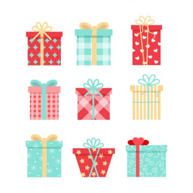 Düz stil Noel hediyesi. Mevcut kutuların vektör izole çizimi. Tebrik kartları, baskı ve tasarım için renkli simgeler. Pastel palet mavi, pembe ve sarı renkte.
